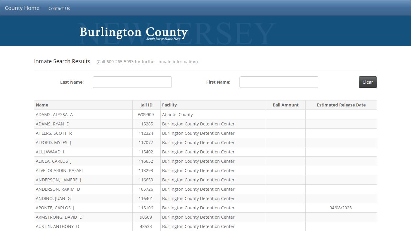 Inmate Search Results - County of Burlington